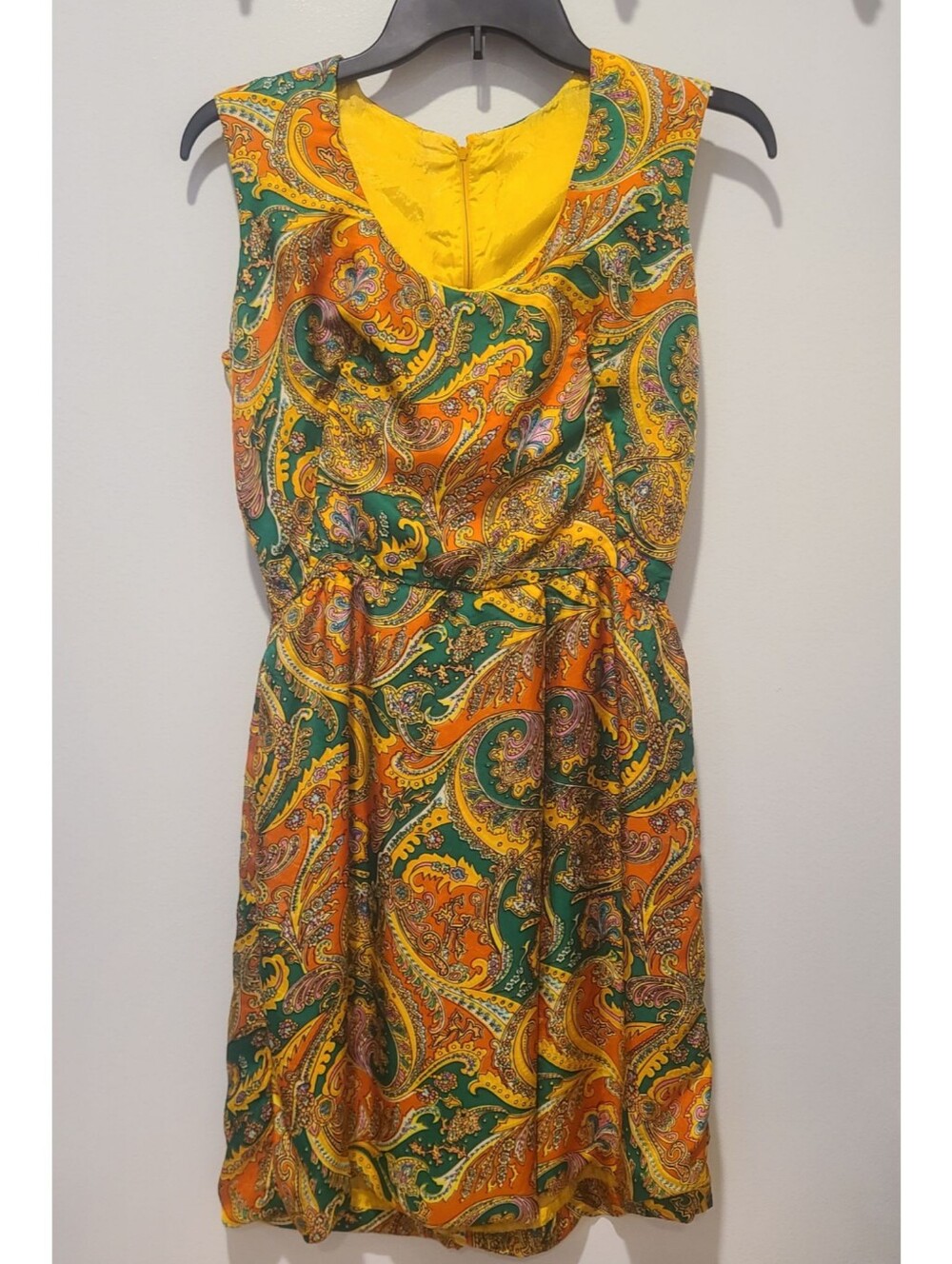 Vintage 70s Silk Paisley Bold Midi Dress Yellow Orange Green